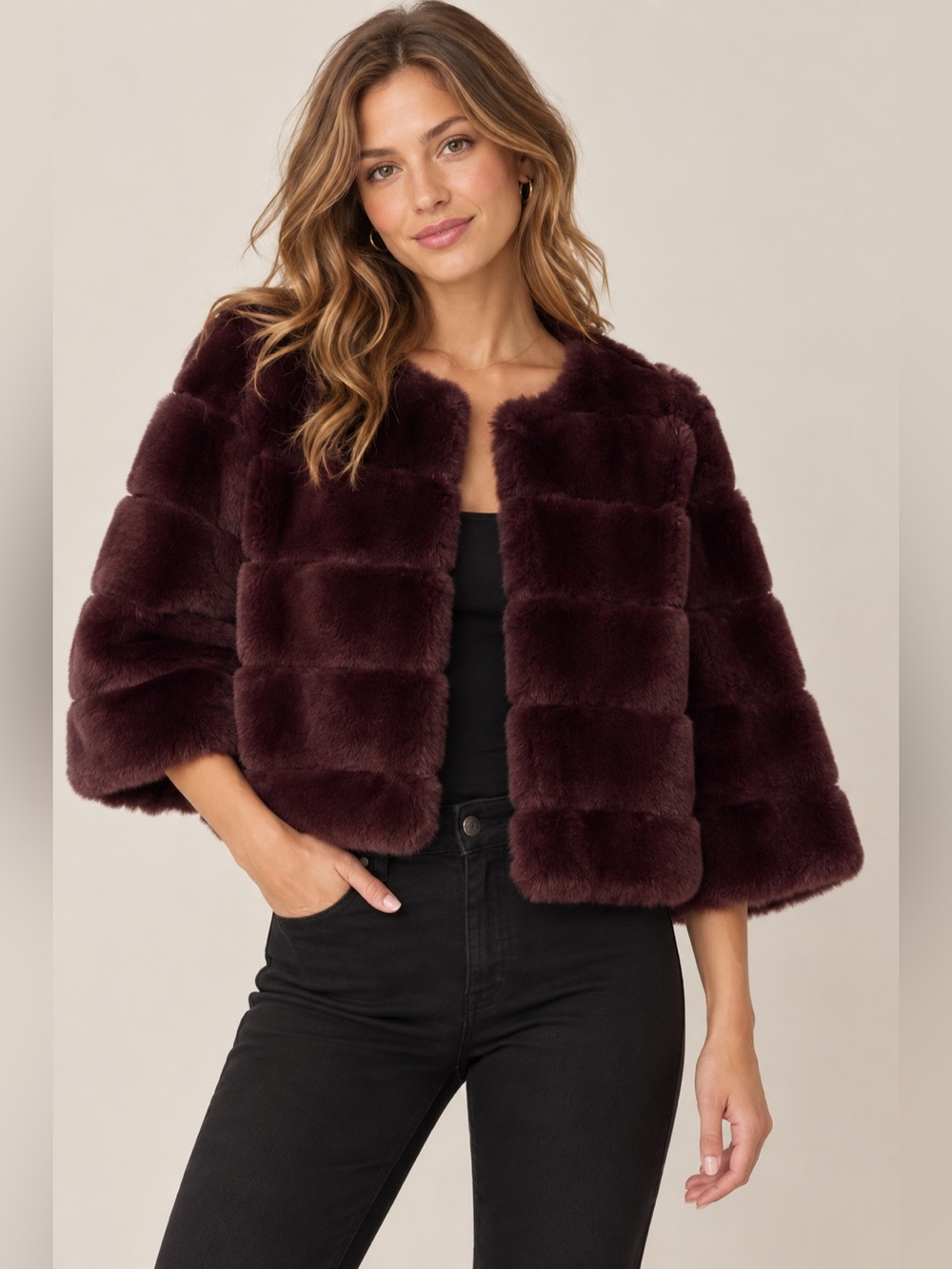 White House Black Market WHBM Women’s' Burgundy Faux Fur Jacket Cropped Coat